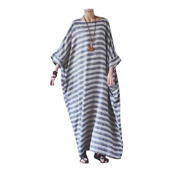 Linen Cotton Striped Caftan Maxi Dress Batwing Pockets Oversized OSFM 32” x 45” - Picture 1 of 16